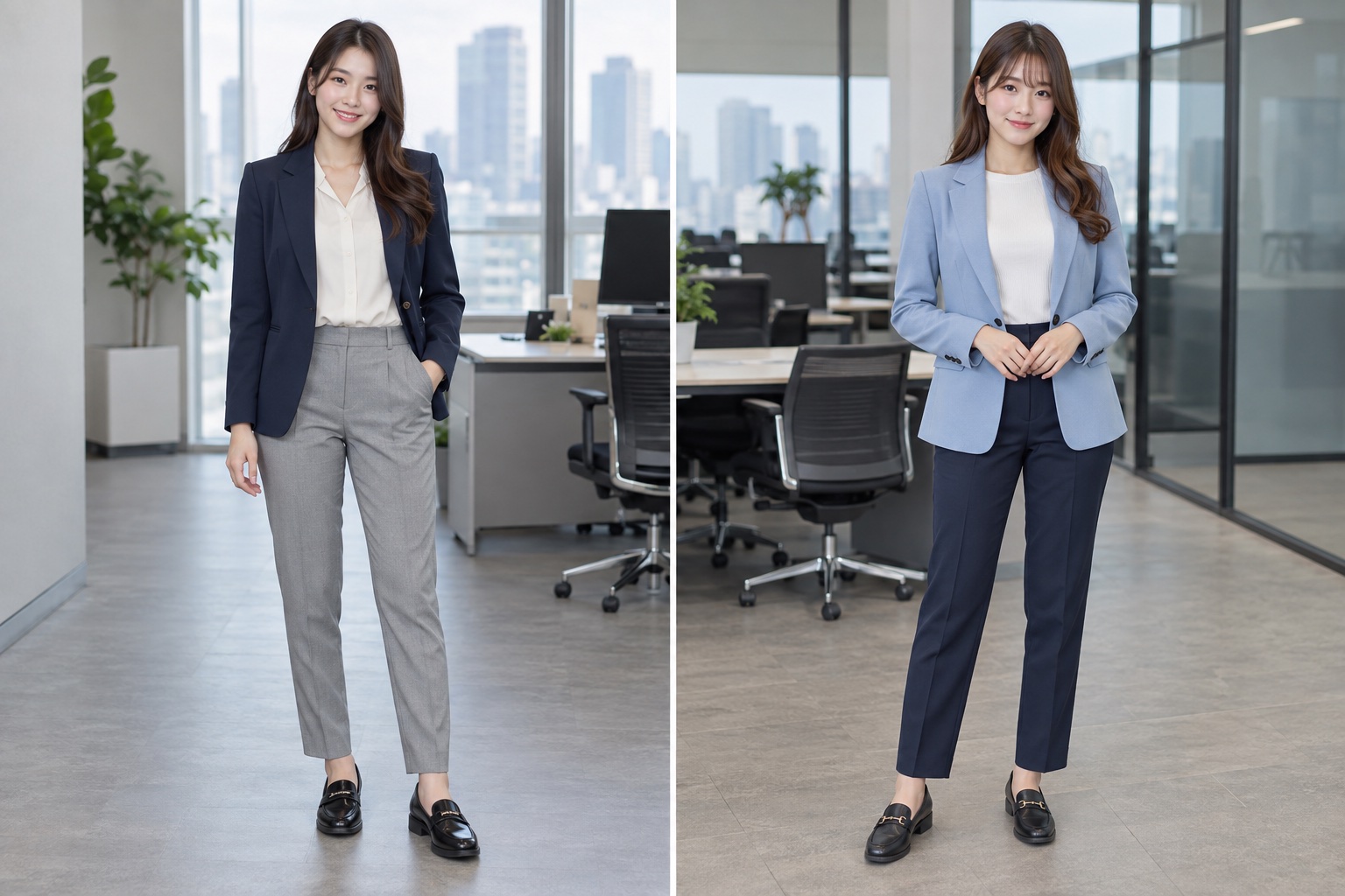 Navy blazer + tailored trousers