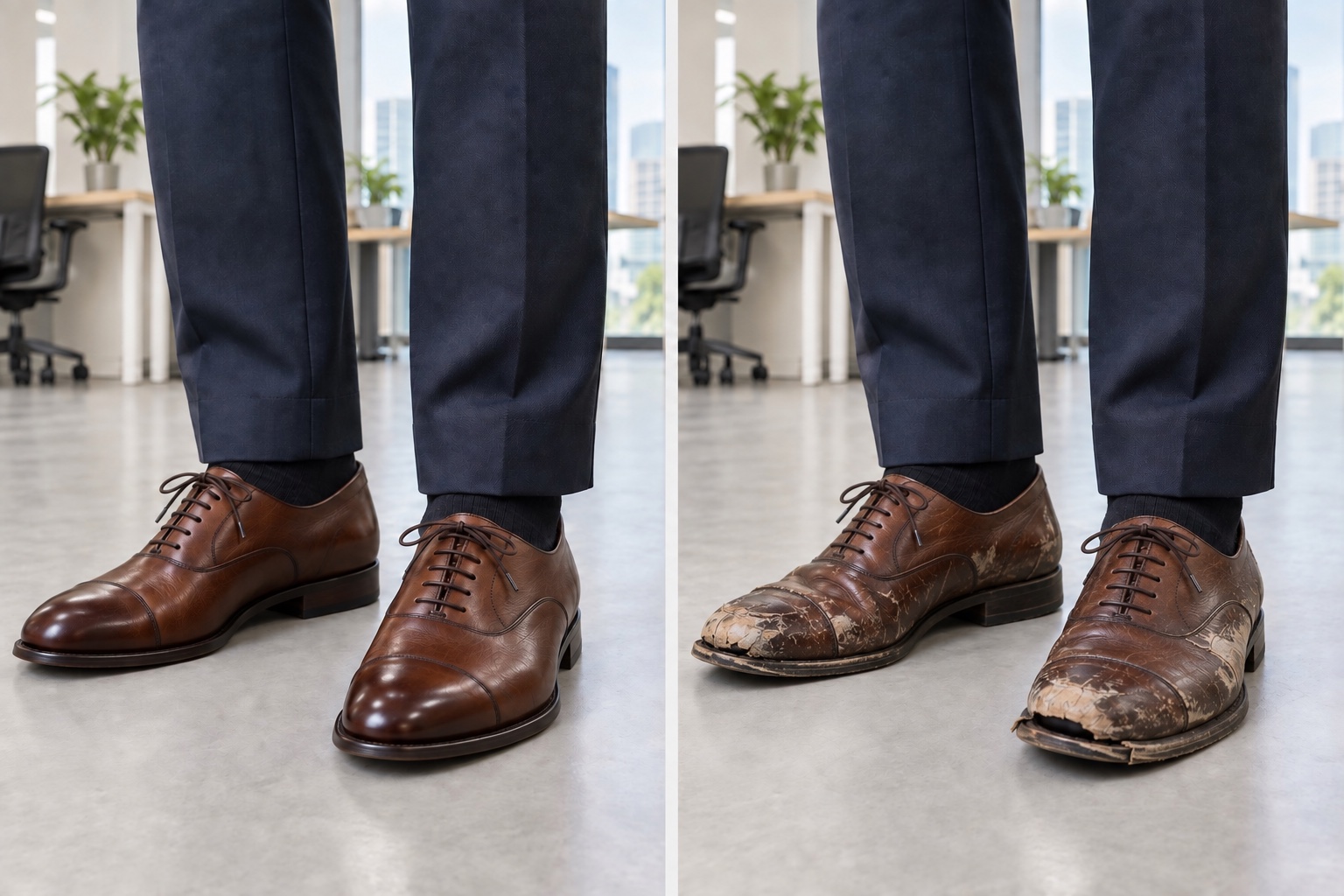 Worn brown Oxfords, peeling leather